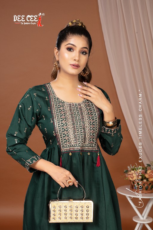 SKYLAR BY DEE CEE WHOLESALE ROMAN SILK EMBROIDERY BRODER ON DAMAN WITH BUTTI TRENDY LONG KURTIS