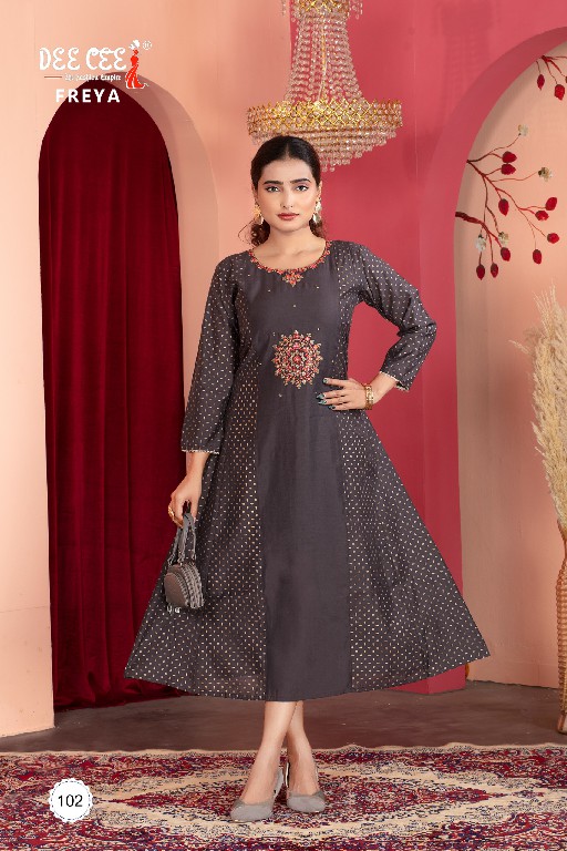 DEE CEE FREYA WHOLESALE CHANDERI WITH EMBROIDERY WORK ATTRACTIVE LOOK FLARED LONG KURTIS