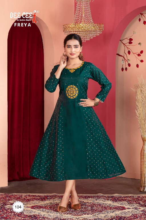 DEE CEE FREYA WHOLESALE CHANDERI WITH EMBROIDERY WORK ATTRACTIVE LOOK FLARED LONG KURTIS