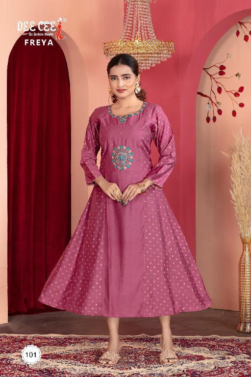 DEE CEE FREYA WHOLESALE CHANDERI WITH EMBROIDERY WORK ATTRACTIVE LOOK FLARED LONG KURTIS