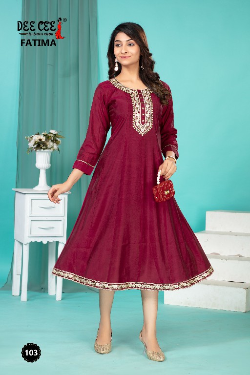 DEE CEE FATIMA WHOLESALE ROMAN SILK WITH EMBROIDERY WORK READYMADE STYLISH LOOK FLARED LONG KALI KURTIS
