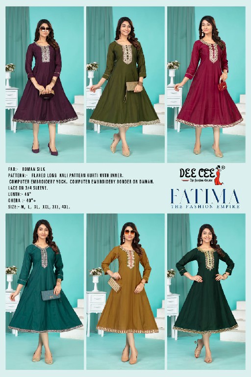 DEE CEE FATIMA WHOLESALE ROMAN SILK WITH EMBROIDERY WORK READYMADE STYLISH LOOK FLARED LONG KALI KURTIS