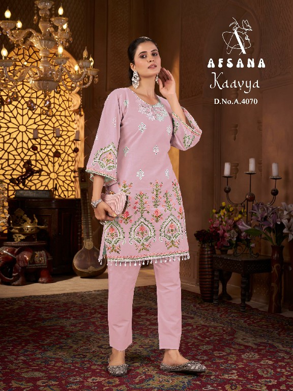 AFSANA LAUNCH KAAVYA WHOLESALE COTTON MEBROIDERY WORK STYLISH LOOK READYMADE CORD SET COMBO SET