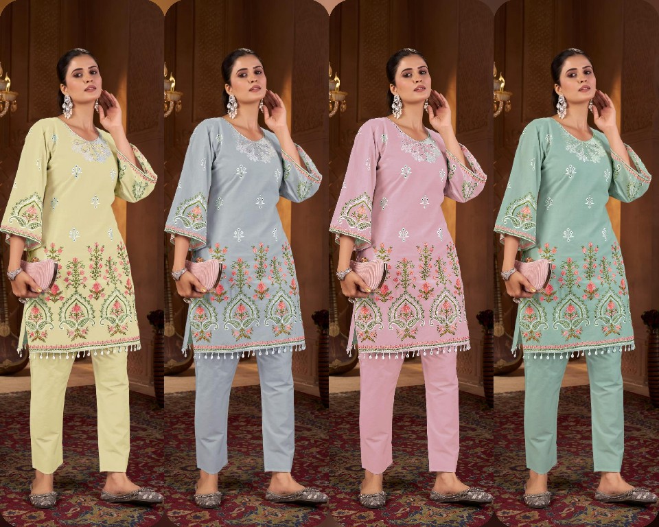 AFSANA LAUNCH KAAVYA WHOLESALE COTTON MEBROIDERY WORK STYLISH LOOK READYMADE CORD SET COMBO SET