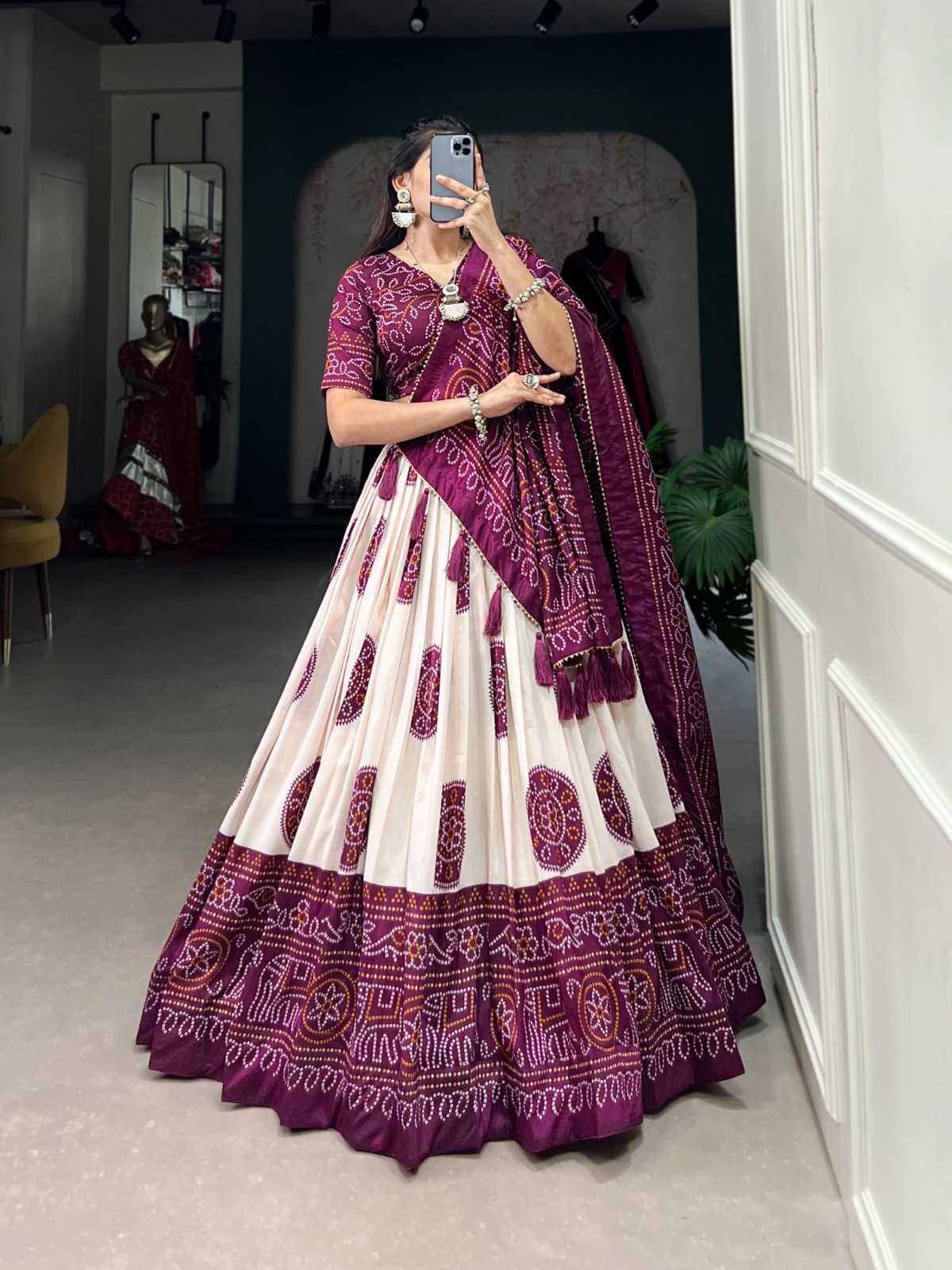 LNB 1229 STYLISH TUSSAR SILK BANDHEJ PRINT STITCH LEHENGA UNSTITCH CHOLI