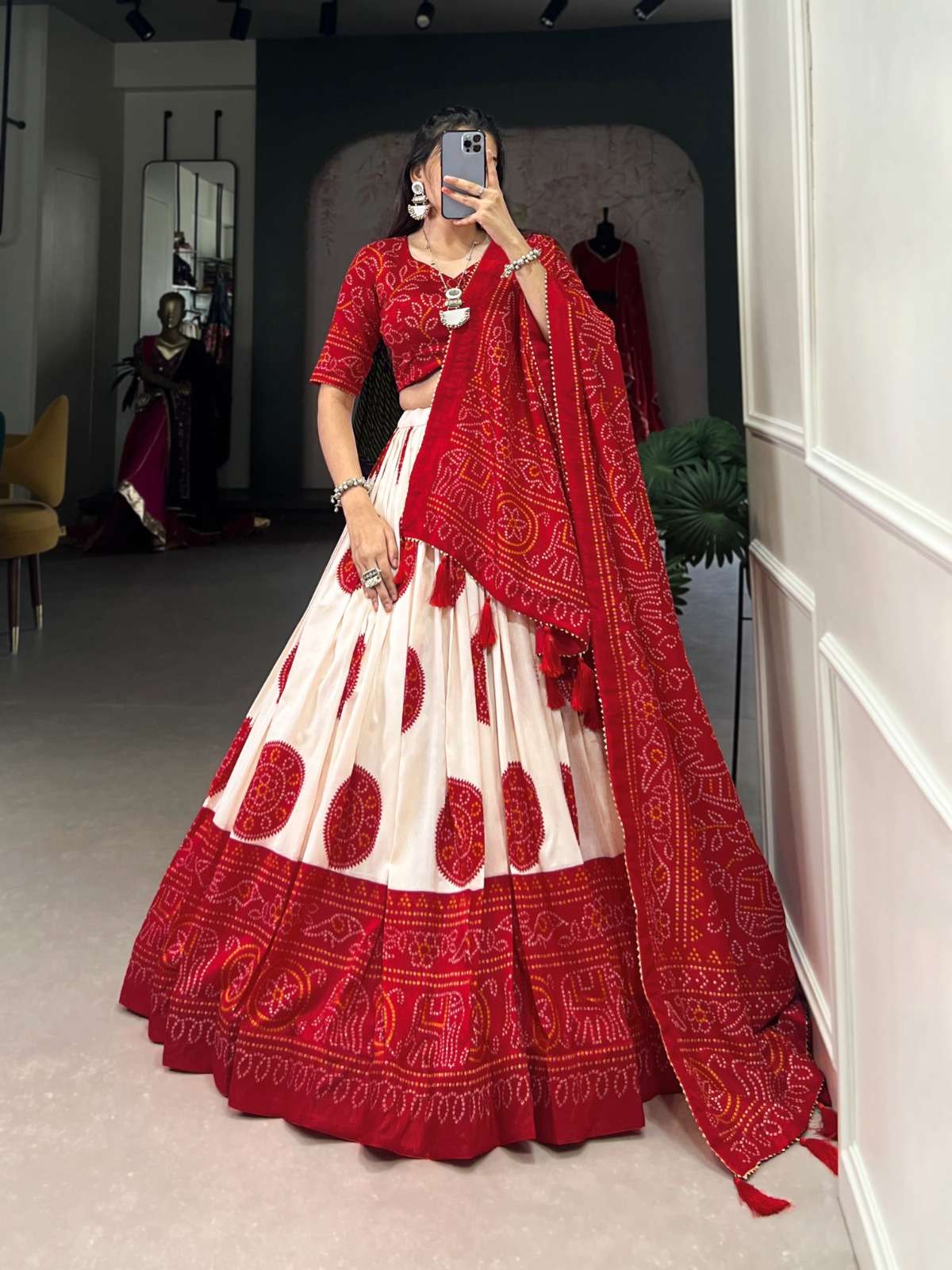 LNB 1229 STYLISH TUSSAR SILK BANDHEJ PRINT STITCH LEHENGA UNSTITCH CHOLI