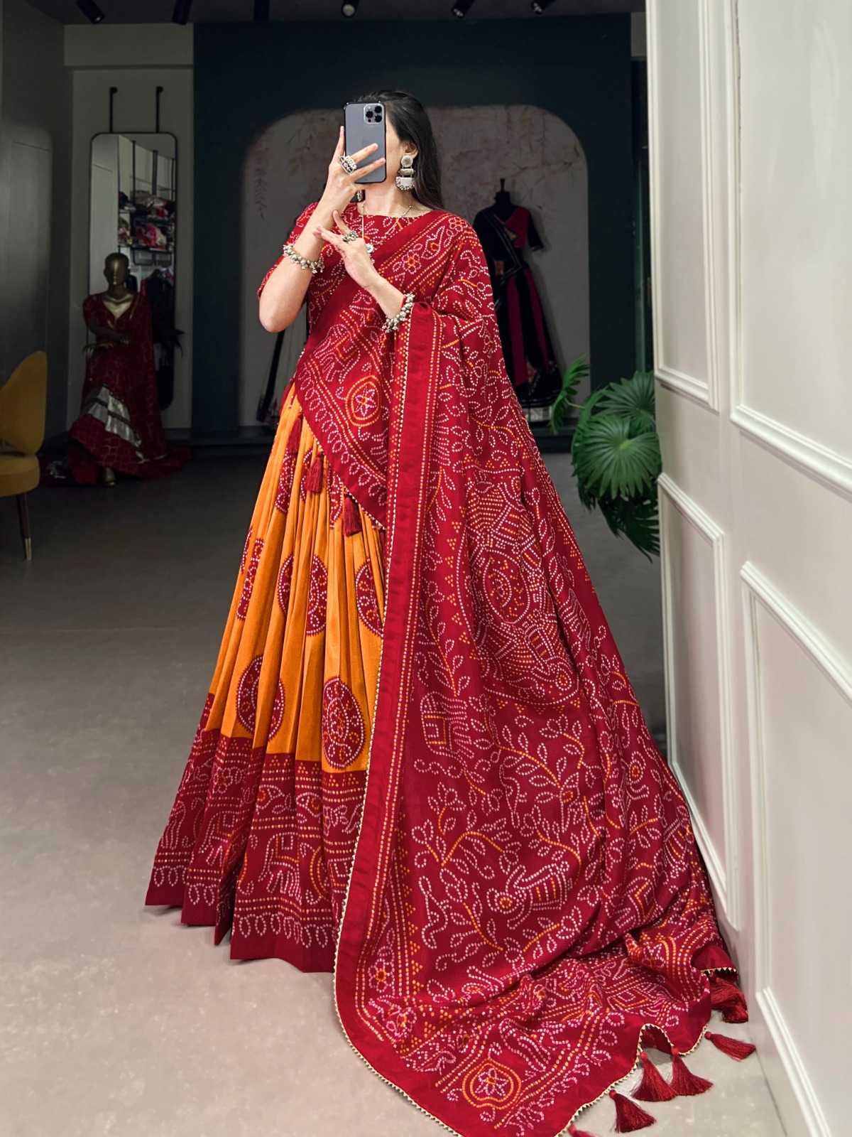 LNB 1229 STYLISH TUSSAR SILK BANDHEJ PRINT STITCH LEHENGA UNSTITCH CHOLI