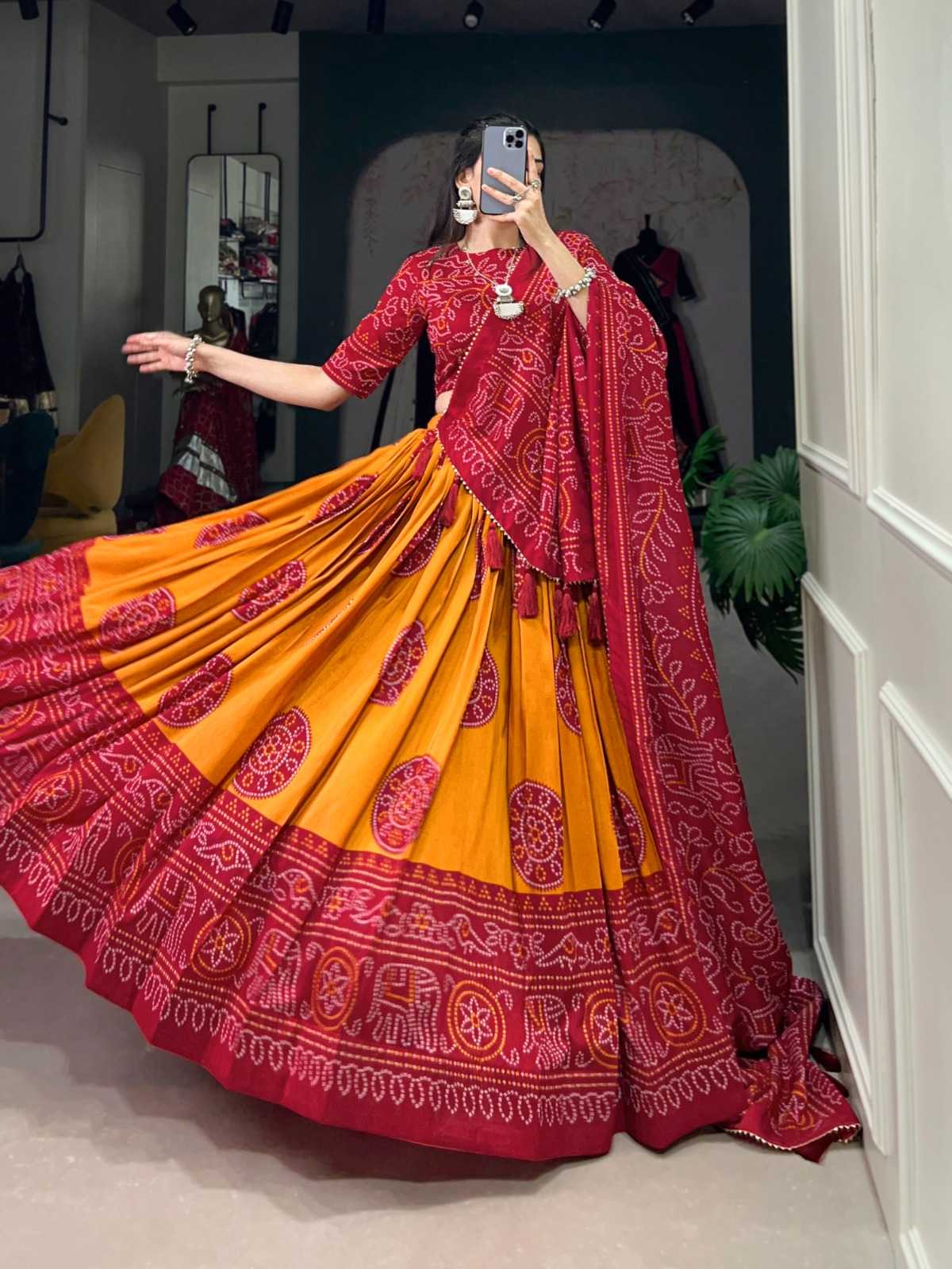 LNB 1229 STYLISH TUSSAR SILK BANDHEJ PRINT STITCH LEHENGA UNSTITCH CHOLI