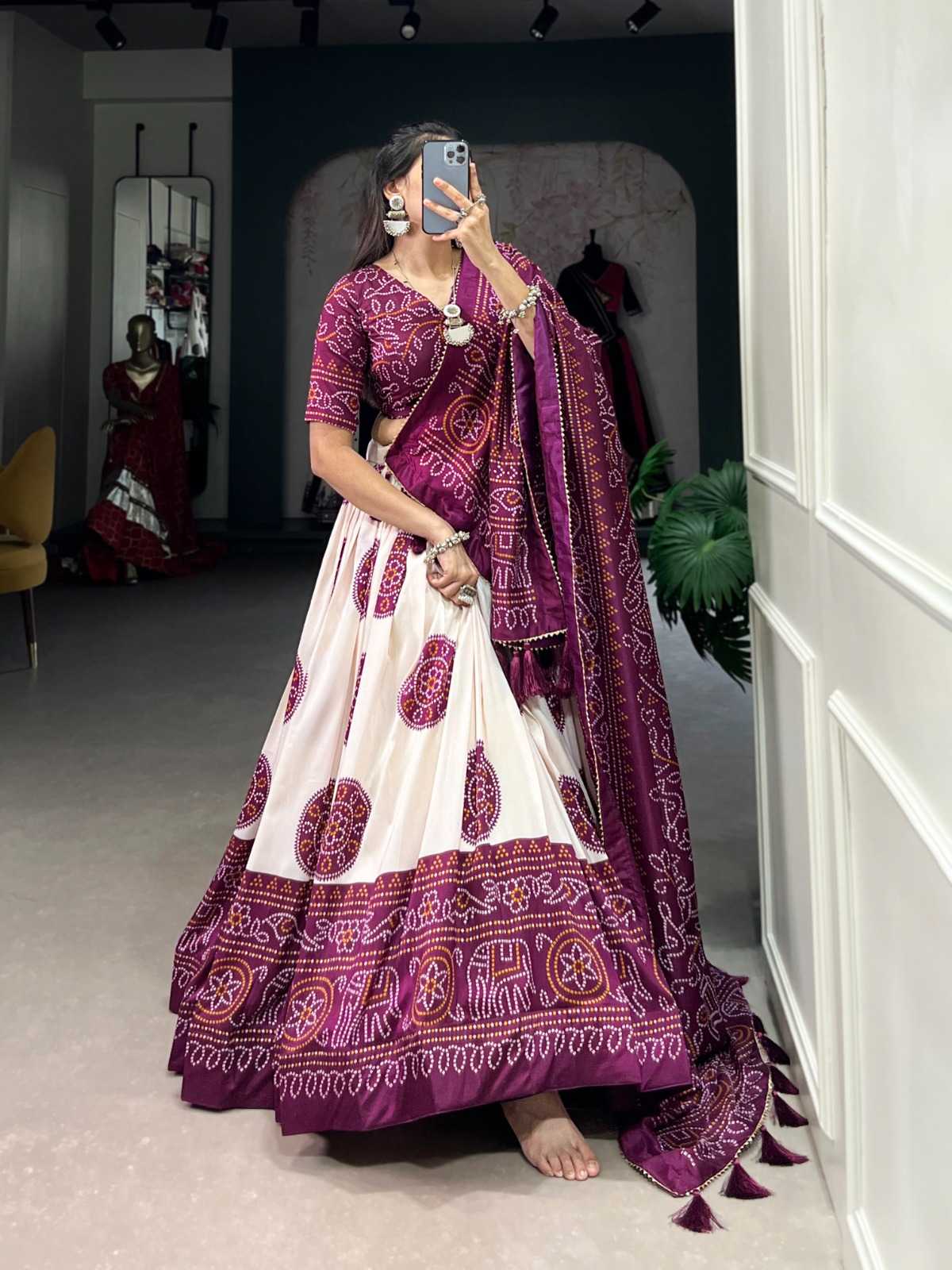 LNB 1229 STYLISH TUSSAR SILK BANDHEJ PRINT STITCH LEHENGA UNSTITCH CHOLI