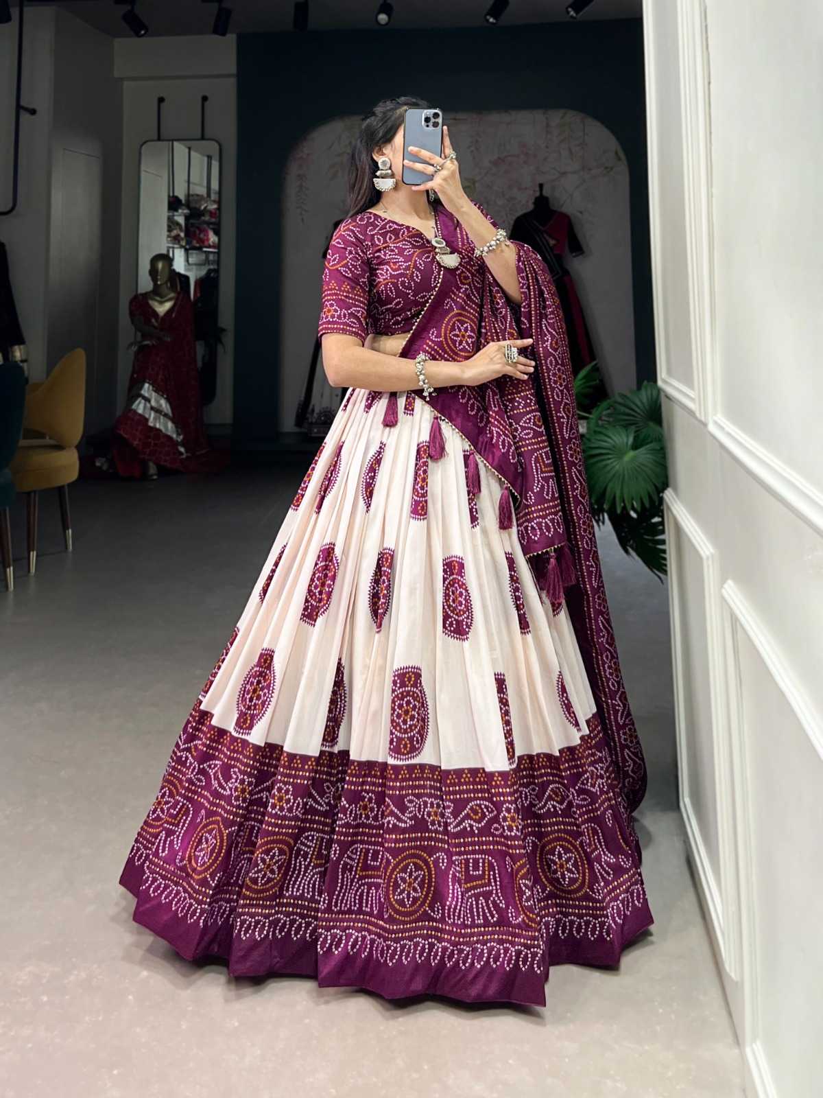 LNB 1229 STYLISH TUSSAR SILK BANDHEJ PRINT STITCH LEHENGA UNSTITCH CHOLI