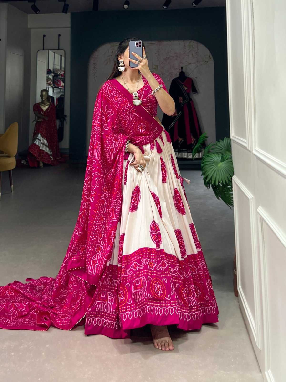 LNB 1229 STYLISH TUSSAR SILK BANDHEJ PRINT STITCH LEHENGA UNSTITCH CHOLI