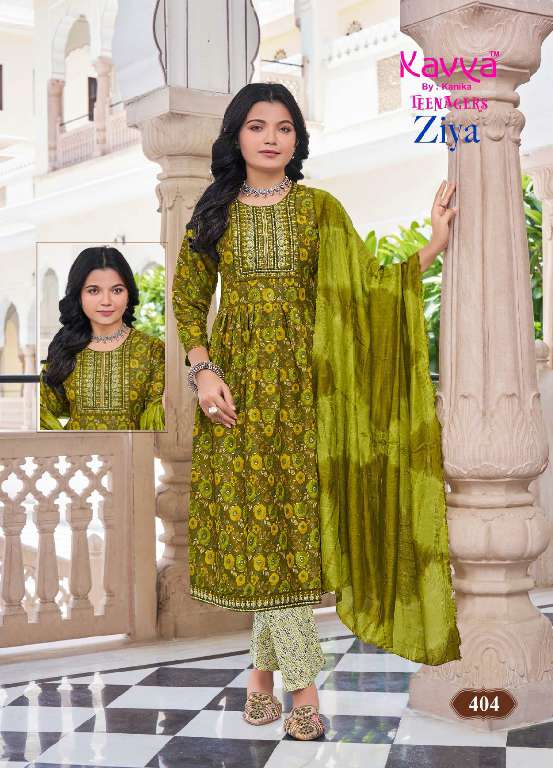 KAVYA ZIYA VOL-4 WHOLESALE CAPSULE FOIL PRINT WITH EMBROIDERY ON NECK PRETTY NAYRA CUT KIDS SUITS