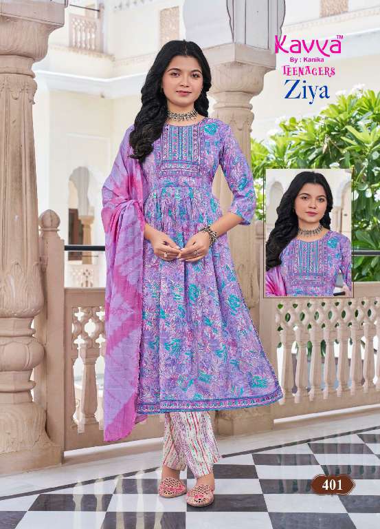 KAVYA ZIYA VOL-4 WHOLESALE CAPSULE FOIL PRINT WITH EMBROIDERY ON NECK PRETTY NAYRA CUT KIDS SUITS