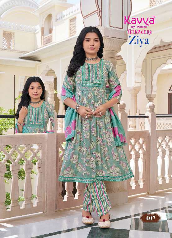 KAVYA ZIYA VOL-4 WHOLESALE CAPSULE FOIL PRINT WITH EMBROIDERY ON NECK PRETTY NAYRA CUT KIDS SUITS