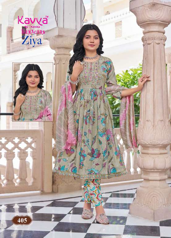 KAVYA ZIYA VOL-4 WHOLESALE CAPSULE FOIL PRINT WITH EMBROIDERY ON NECK PRETTY NAYRA CUT KIDS SUITS