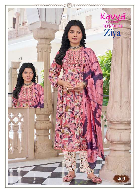 KAVYA ZIYA VOL-4 WHOLESALE CAPSULE FOIL PRINT WITH EMBROIDERY ON NECK PRETTY NAYRA CUT KIDS SUITS