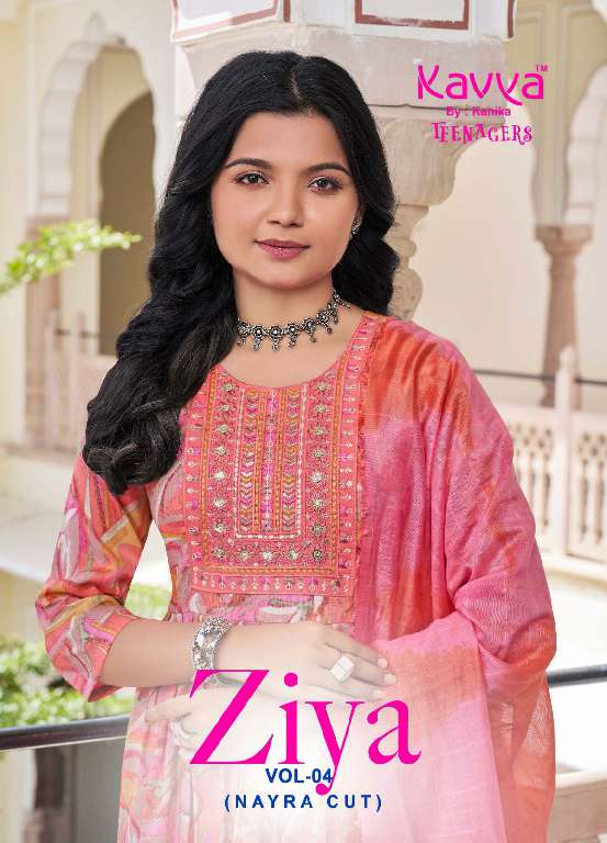 KAVYA ZIYA VOL-4 WHOLESALE CAPSULE FOIL PRINT WITH EMBROIDERY ON NECK PRETTY NAYRA CUT KIDS SUITS