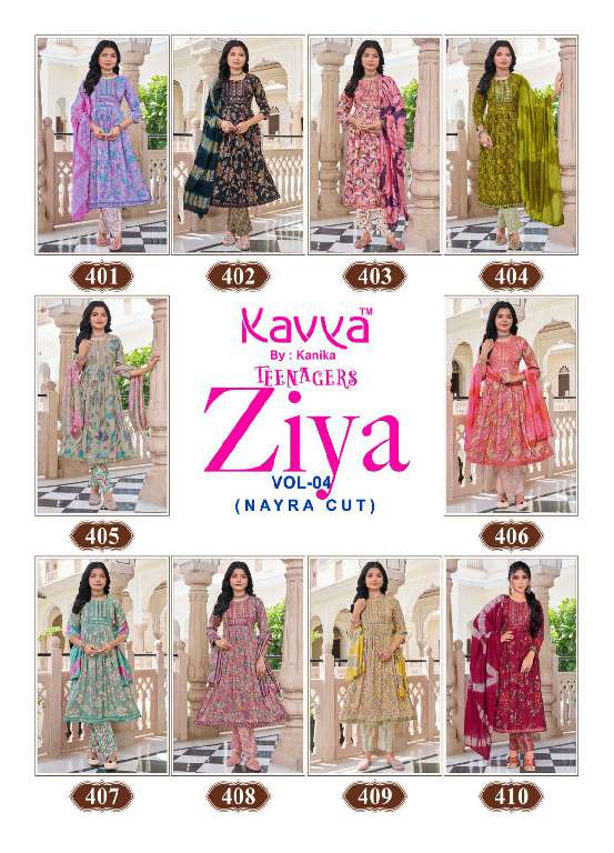 KAVYA ZIYA VOL-4 WHOLESALE CAPSULE FOIL PRINT WITH EMBROIDERY ON NECK PRETTY NAYRA CUT KIDS SUITS