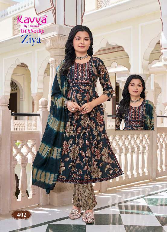 KAVYA ZIYA VOL-4 WHOLESALE CAPSULE FOIL PRINT WITH EMBROIDERY ON NECK PRETTY NAYRA CUT KIDS SUITS