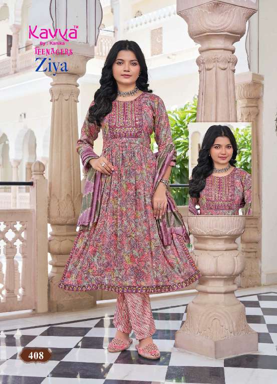 KAVYA ZIYA VOL-4 WHOLESALE CAPSULE FOIL PRINT WITH EMBROIDERY ON NECK PRETTY NAYRA CUT KIDS SUITS