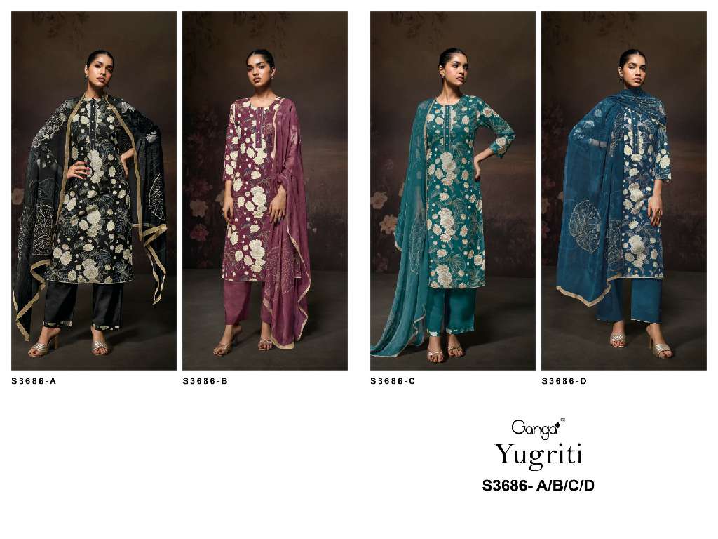 GANGA YUGRITI S3686 WHOLESALE PREMIUM COTTON PRINTED WITH EMBROIDERY TRENDY SALWAR SUITS