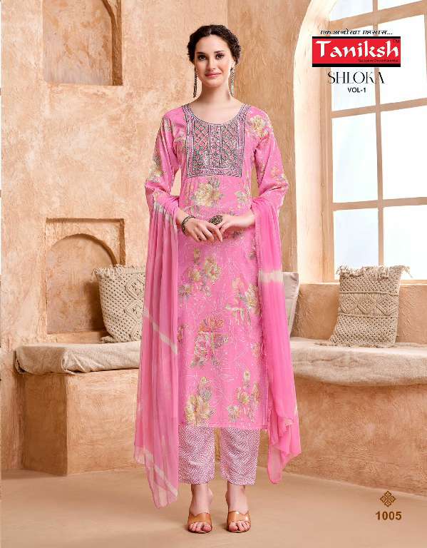 TANIKSH SHLOKA VOL-1 WHOLESALE RAYON FOIL PRINT FULLY STITCH ETHNIC STYLE SUITS FOR WOMENS