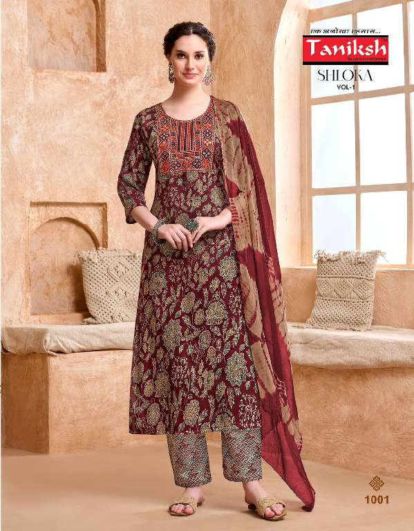TANIKSH SHLOKA VOL-1 WHOLESALE RAYON FOIL PRINT FULLY STITCH ETHNIC STYLE SUITS FOR WOMENS