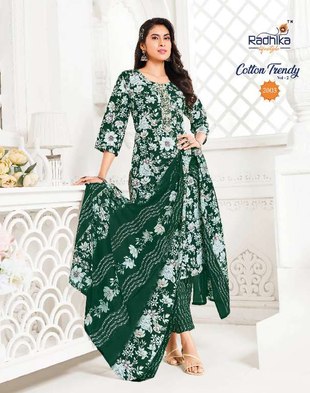 RADHIKA LIFESTYLE COTTON TRENDY VOL-2 WHOLESALE PURE COTTON PRINT WITH EMBROIDERY WORK READYMADE STYLISH LOOK DRESS