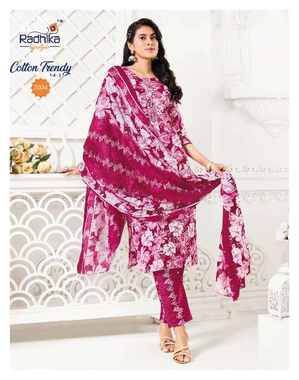 RADHIKA LIFESTYLE COTTON TRENDY VOL-2 WHOLESALE PURE COTTON PRINT WITH EMBROIDERY WORK READYMADE STYLISH LOOK DRESS