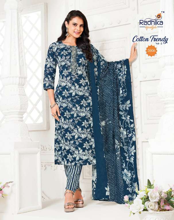 RADHIKA LIFESTYLE COTTON TRENDY VOL-2 WHOLESALE PURE COTTON PRINT WITH EMBROIDERY WORK READYMADE STYLISH LOOK DRESS