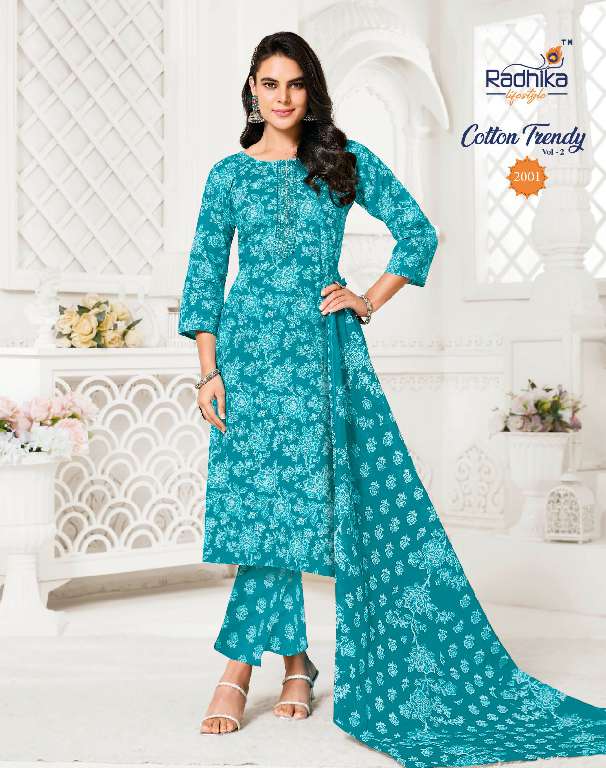 RADHIKA LIFESTYLE COTTON TRENDY VOL-2 WHOLESALE PURE COTTON PRINT WITH EMBROIDERY WORK READYMADE STYLISH LOOK DRESS