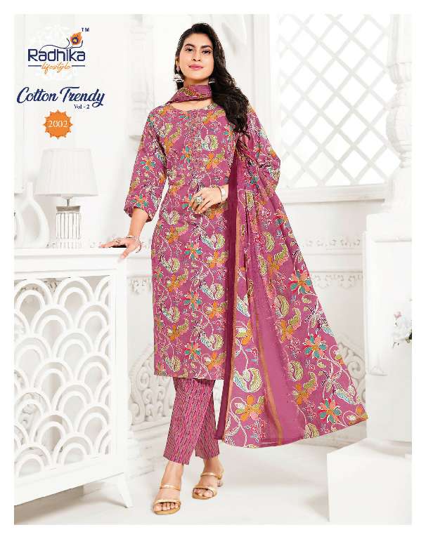 RADHIKA LIFESTYLE COTTON TRENDY VOL-2 WHOLESALE PURE COTTON PRINT WITH EMBROIDERY WORK READYMADE STYLISH LOOK DRESS
