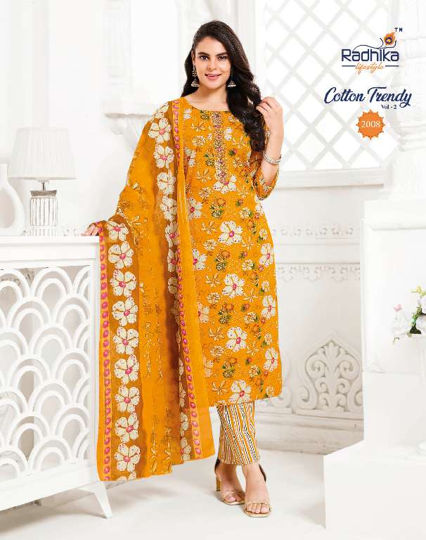 RADHIKA LIFESTYLE COTTON TRENDY VOL-2 WHOLESALE PURE COTTON PRINT WITH EMBROIDERY WORK READYMADE STYLISH LOOK DRESS