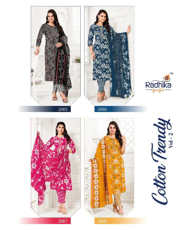 RADHIKA LIFESTYLE COTTON TRENDY VOL-2 WHOLESALE PURE COTTON PRINT WITH EMBROIDERY WORK READYMADE STYLISH LOOK DRESS