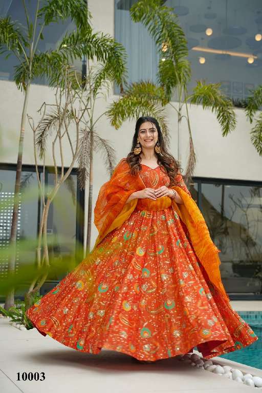 LUCAYA CLORA VOL-10 WHOLESALE SILK WITH HEAVY DIGITAL PRINT FULLY STITCH CLASSY LOOK FLARED ETHNIC GOWN