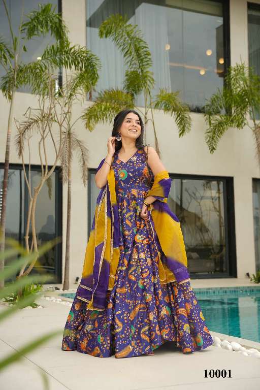 LUCAYA CLORA VOL-10 WHOLESALE SILK WITH HEAVY DIGITAL PRINT FULLY STITCH CLASSY LOOK FLARED ETHNIC GOWN