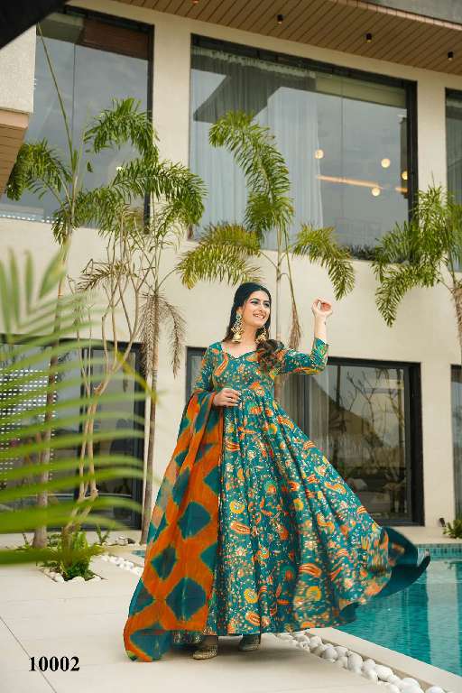LUCAYA CLORA VOL-10 WHOLESALE SILK WITH HEAVY DIGITAL PRINT FULLY STITCH CLASSY LOOK FLARED ETHNIC GOWN