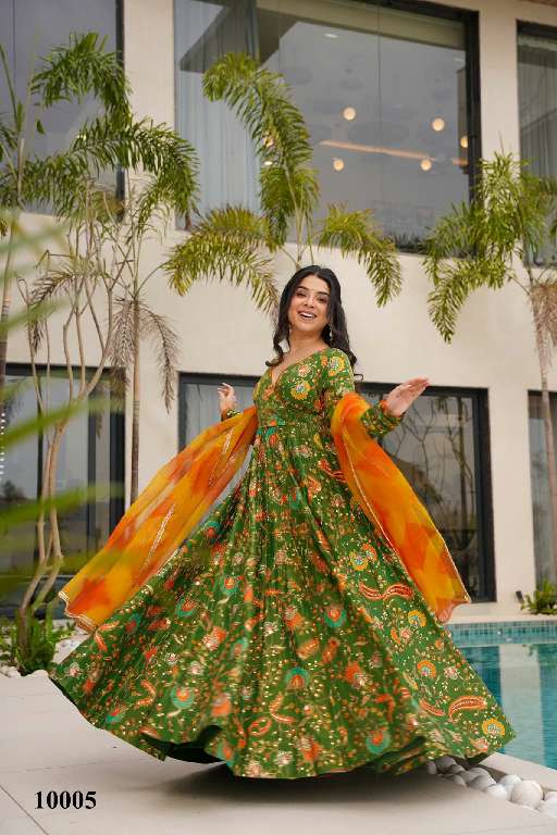 LUCAYA CLORA VOL-10 WHOLESALE SILK WITH HEAVY DIGITAL PRINT FULLY STITCH CLASSY LOOK FLARED ETHNIC GOWN