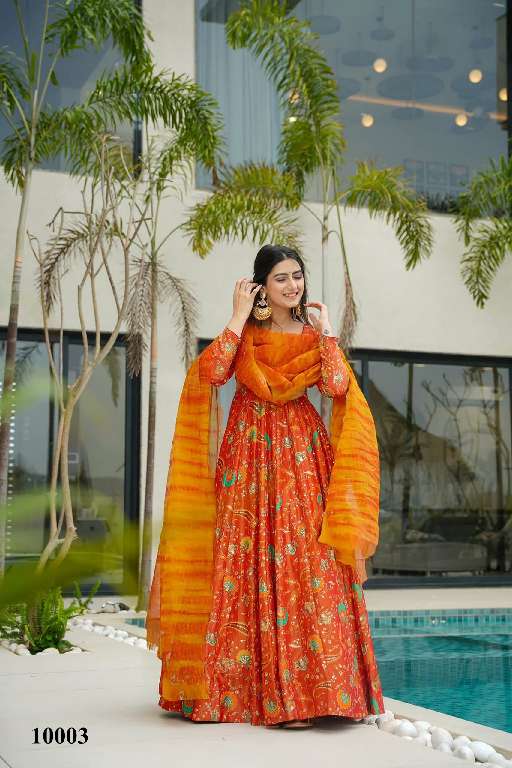 LUCAYA CLORA VOL-10 WHOLESALE SILK WITH HEAVY DIGITAL PRINT FULLY STITCH CLASSY LOOK FLARED ETHNIC GOWN