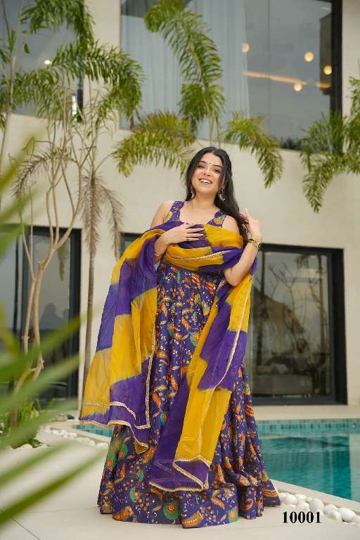 LUCAYA CLORA VOL-10 WHOLESALE SILK WITH HEAVY DIGITAL PRINT FULLY STITCH CLASSY LOOK FLARED ETHNIC GOWN