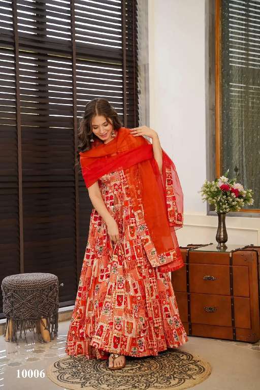 LUCAYA CLORA VOL-10 WHOLESALE SILK WITH HEAVY DIGITAL PRINT FULLY STITCH CLASSY LOOK FLARED ETHNIC GOWN