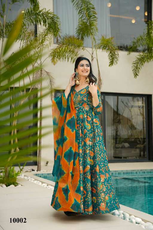 LUCAYA CLORA VOL-10 WHOLESALE SILK WITH HEAVY DIGITAL PRINT FULLY STITCH CLASSY LOOK FLARED ETHNIC GOWN