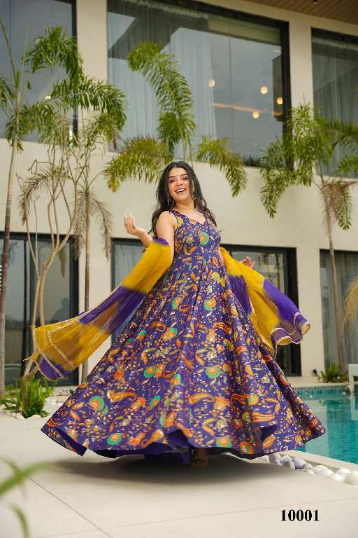 LUCAYA CLORA VOL-10 WHOLESALE SILK WITH HEAVY DIGITAL PRINT FULLY STITCH CLASSY LOOK FLARED ETHNIC GOWN