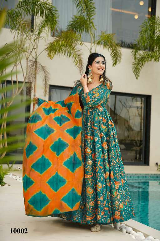 LUCAYA CLORA VOL-10 WHOLESALE SILK WITH HEAVY DIGITAL PRINT FULLY STITCH CLASSY LOOK FLARED ETHNIC GOWN