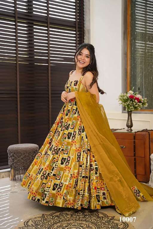 LUCAYA CLORA VOL-10 WHOLESALE SILK WITH HEAVY DIGITAL PRINT FULLY STITCH CLASSY LOOK FLARED ETHNIC GOWN