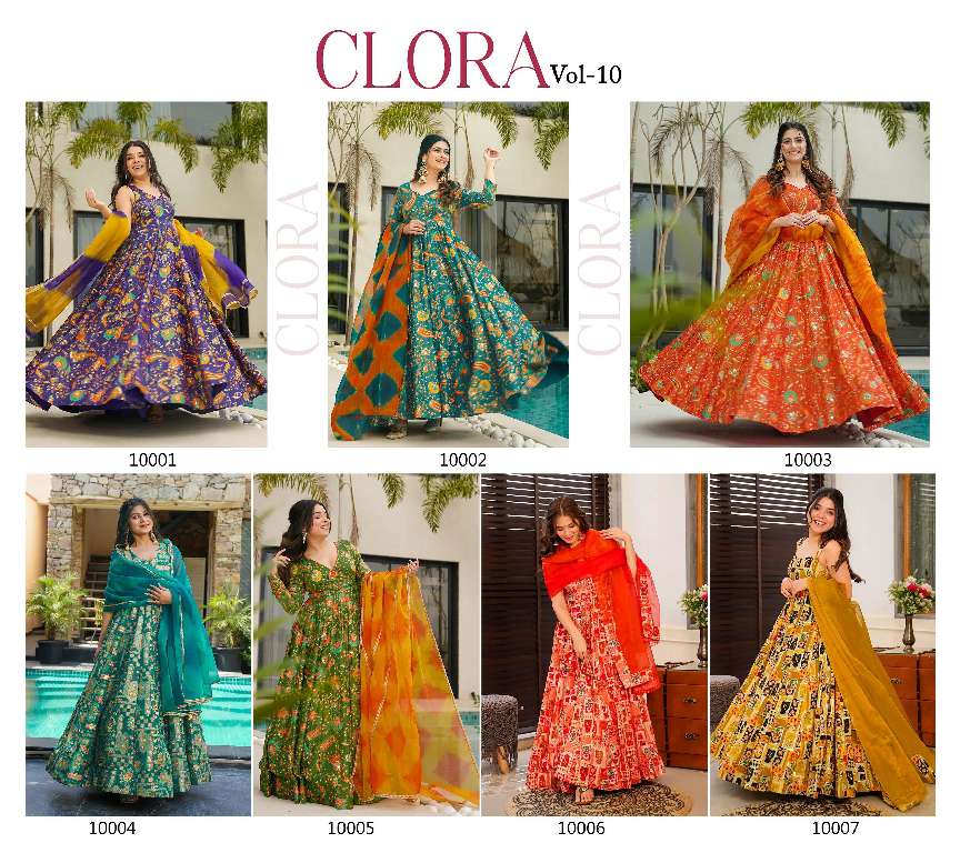 LUCAYA CLORA VOL-10 WHOLESALE SILK WITH HEAVY DIGITAL PRINT FULLY STITCH CLASSY LOOK FLARED ETHNIC GOWN