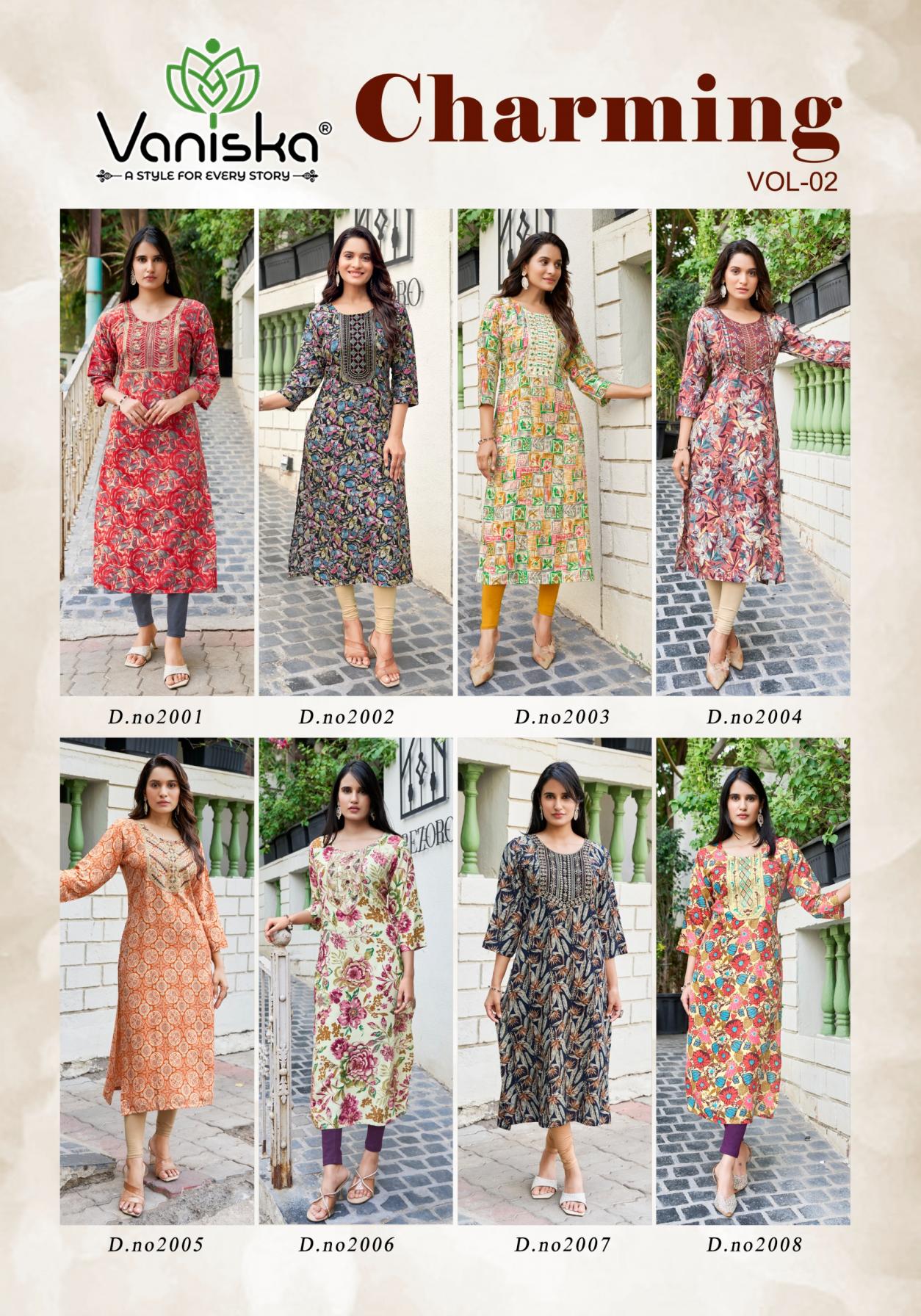 CHARMING VOL 2 BY VANISKA COLOURPIX RAYON READYMADE PLUS SIZE LONG KURTIS