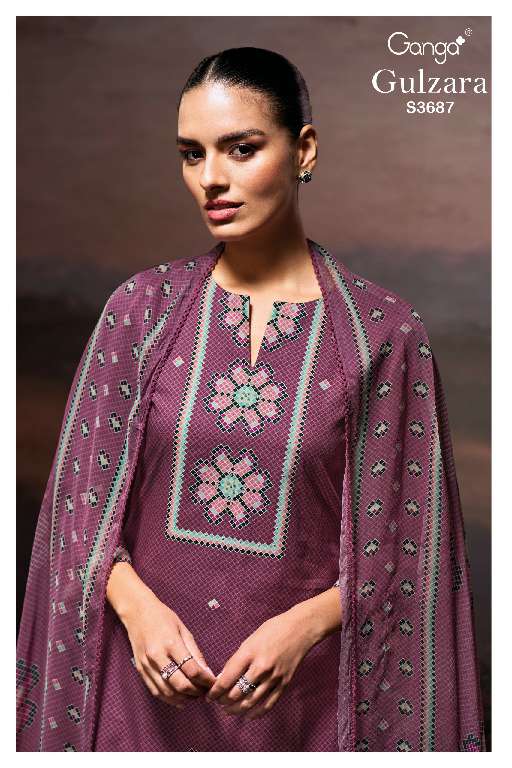 GANGA GULZARA S3687 WHOLESALE COTTON SATIN PRINTED WITH HAND WORK STYLISH LOOK DRESS