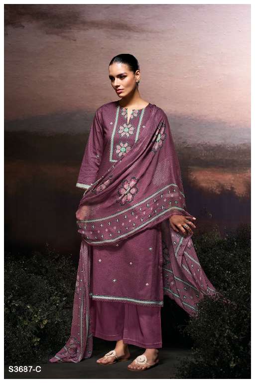 GANGA GULZARA S3687 WHOLESALE COTTON SATIN PRINTED WITH HAND WORK STYLISH LOOK DRESS