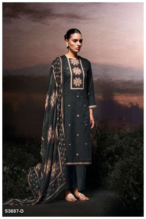 GANGA GULZARA S3687 WHOLESALE COTTON SATIN PRINTED WITH HAND WORK STYLISH LOOK DRESS